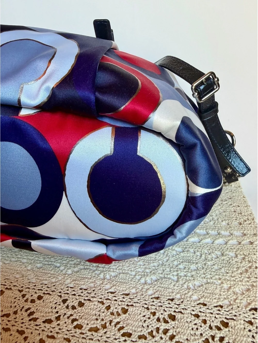 Coach 21233 Kristin Op Art Satin Satchel Crossbody Bag Blue Red Patent Leather
